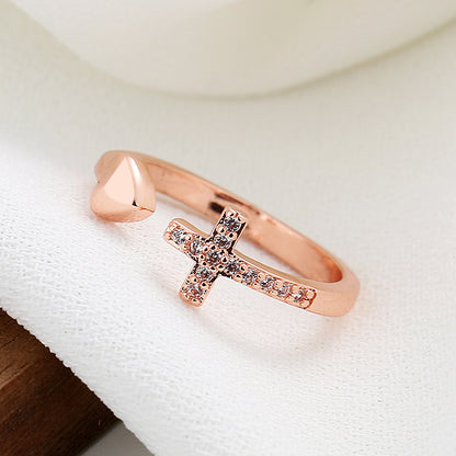 Cross Heart Rhinestone Adjustable Ring