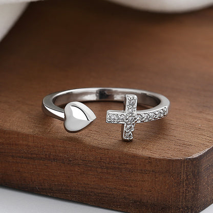 Cross Heart Rhinestone Adjustable Ring