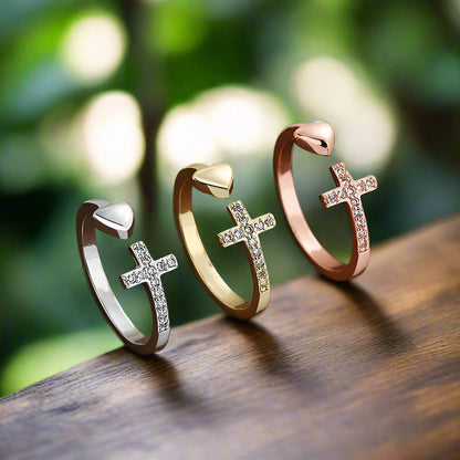 Cross Heart Rhinestone Adjustable Ring