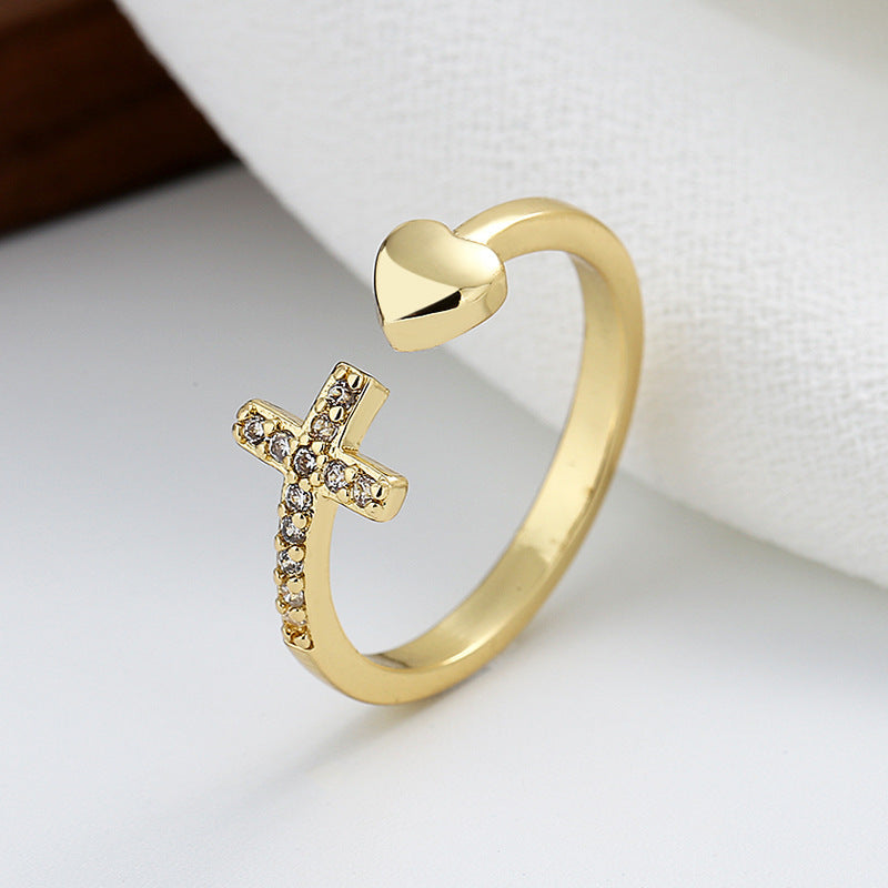 Cross Heart Rhinestone Adjustable Ring